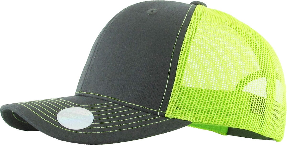 Dark Gray Neon Lime Two Tone Classic 6 Panel Trucker Mesh Snapback Side View